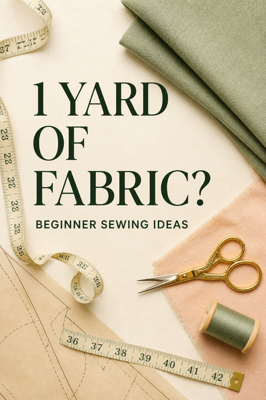 1 yard of fabric beginner sewing ideas, with folded sage and peach fabric, measuring tape and sewing scissors.