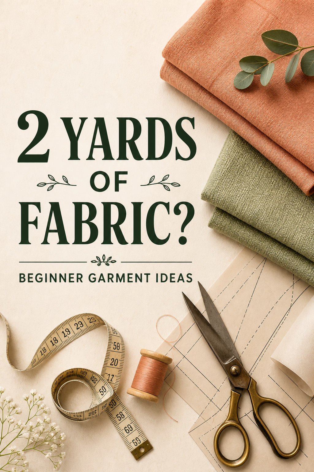 2 yards of fabric beginner garment ideas, with folded peach and sage fabric, measuring tape and sewing scissors.